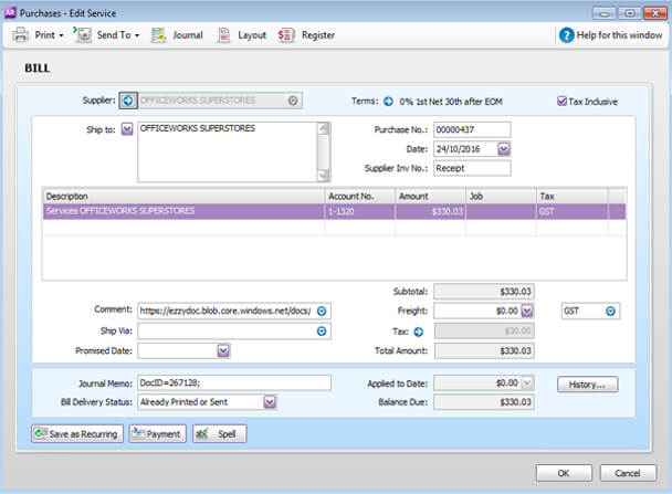 myob software purchases screen capture