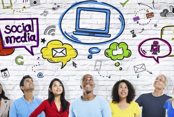 diverse group of people with social media doodles