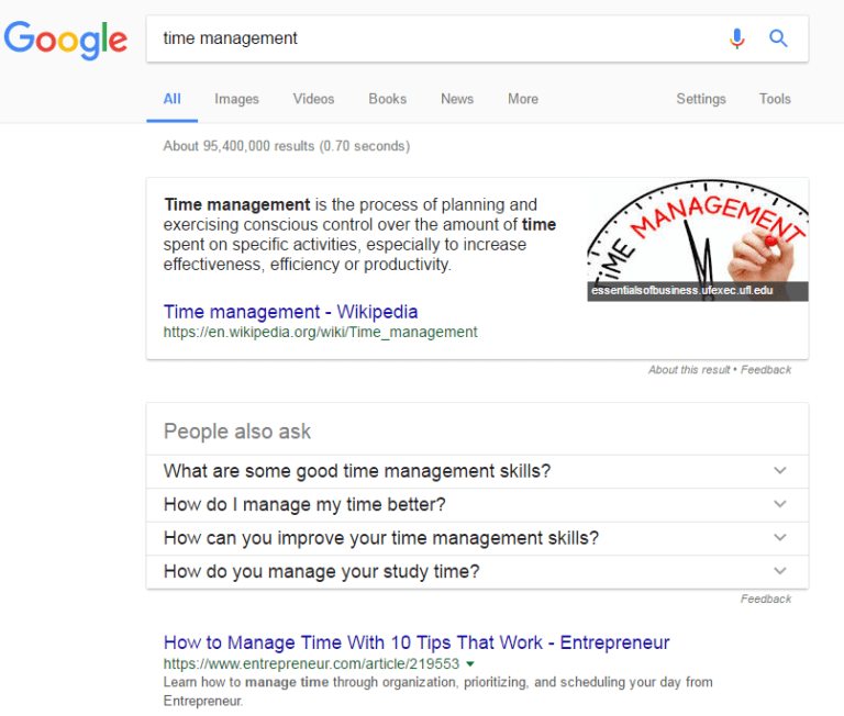google search on time management screen capture